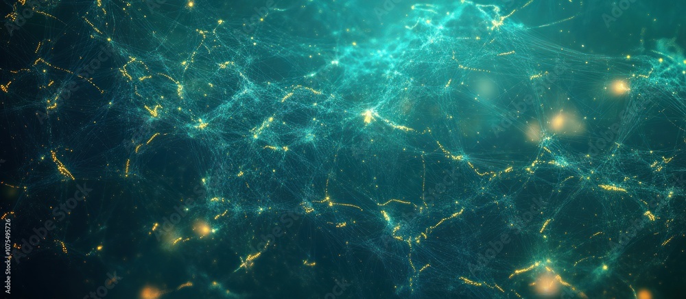 Fototapeta premium Abstract teal background with golden light streaks and bokeh.