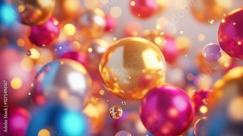 Abstract background featuring shiny colored balls with 3D metallic gold glossy spheres creating an appealing visual effect