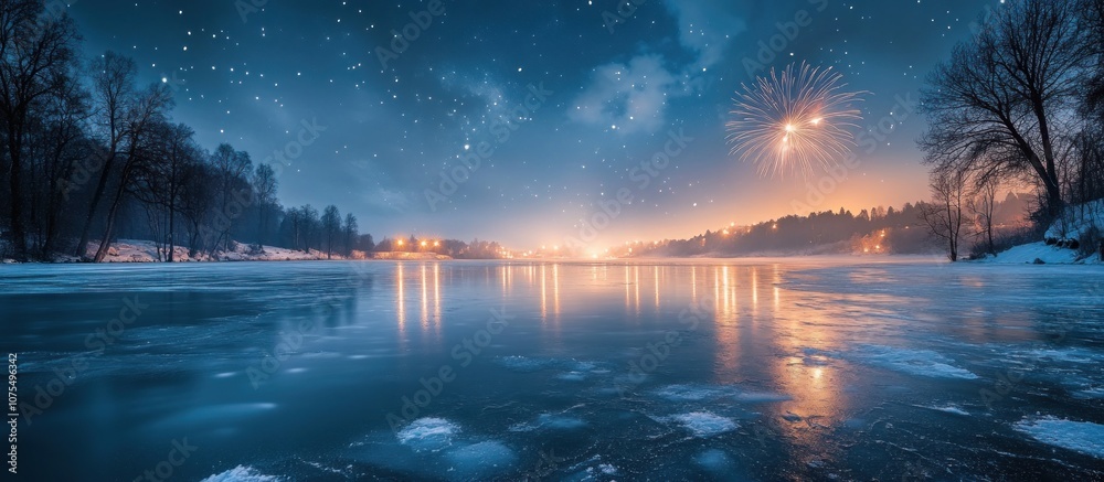 A frozen lake with snow covered shores reflects a starry night sky with fireworks and city lights. A frozen lake with snow covered shores reflects a starry night sky with fireworks and city lights.