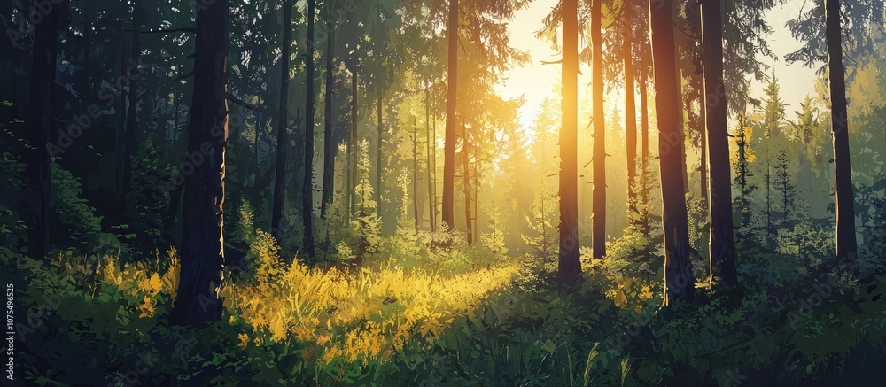 Fototapeta premium Sun In The Forest Looks Out Of The Tall Pines