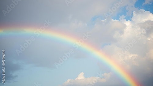 A colorful rainbow stretching across a bright blue sky with rain falling gently from the clouds above, rainbow, clouds