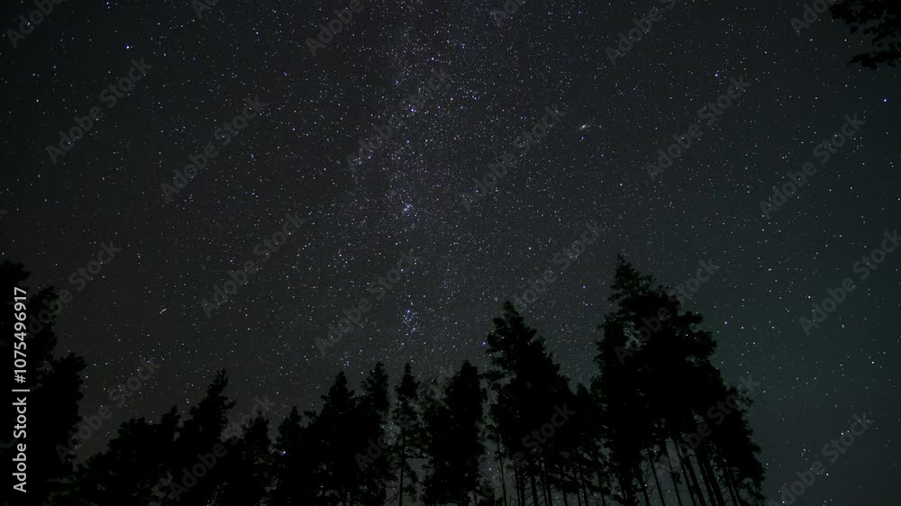 Time lapse of stars move above the silhouettes of trees in night sky.