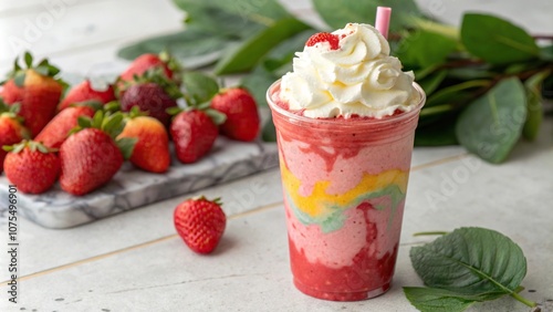 Colorful strawberry smoothie frappe with a splash of whipped cream on top, set against a blurred background of fresh strawberries and green leaves, colorful, food, strwberry photo