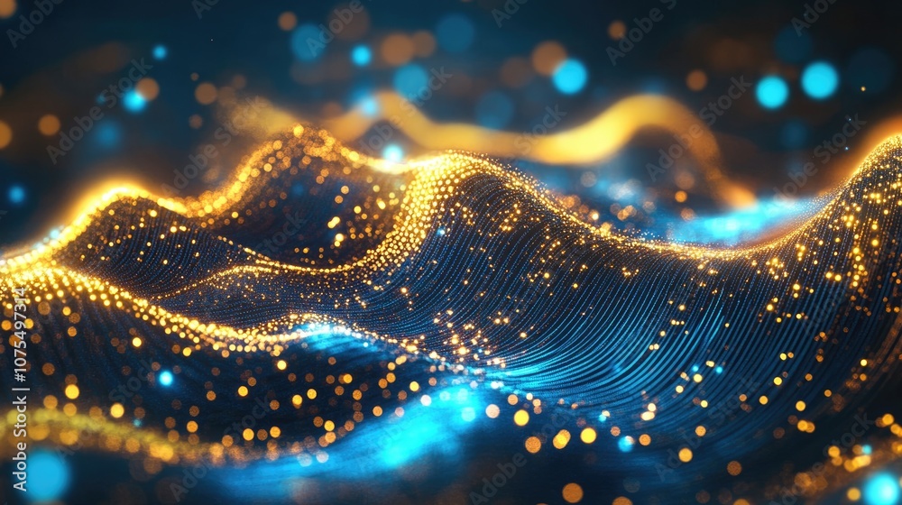 Abstract futuristic background featuring gold and blue glowing neon wave lines in motion complemented by bokeh lights Ideal for themes of data transfer and digital technology Abstract futuristic background featuring gold and blue glowing neon wave lines in motion complemented by bokeh lights Ideal for themes of data transfer and digital technology