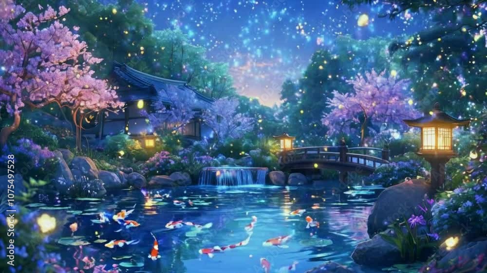 A serene landscape with cherry blossoms, koi fish, and a tranquil pond under a starry sky. A serene landscape with cherry blossoms, koi fish, and a tranquil pond under a starry sky.