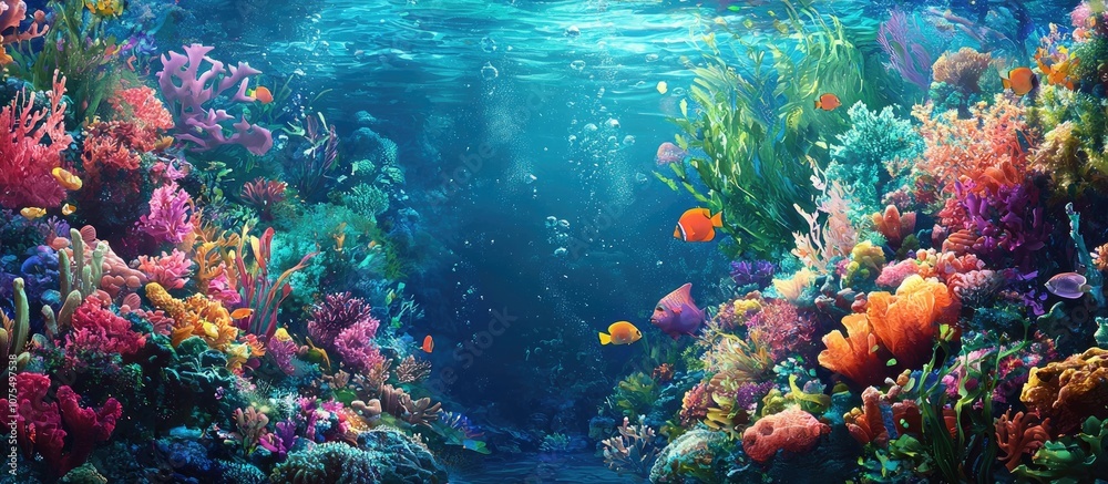 Obraz premium Aquatic Plant And Colorful Fish Under The Sea