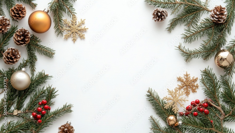 Festive Christmas decorations frame blank space, featuring pinecones, ornaments, and greenery, creating warm and inviting holiday atmosphere Festive Christmas decorations frame blank space, featuring pinecones, ornaments, and greenery, creating warm and inviting holiday atmosphere