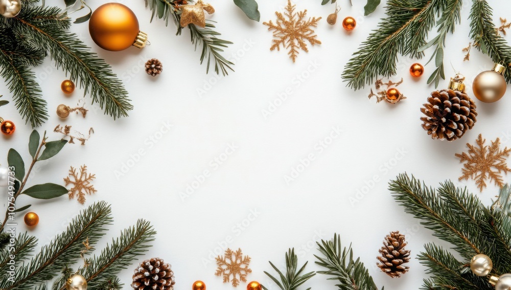 Festive Christmas decorations frame blank space, featuring pinecones, ornaments, and greenery, creating warm and inviting holiday atmosphere Festive Christmas decorations frame blank space, featuring pinecones, ornaments, and greenery, creating warm and inviting holiday atmosphere