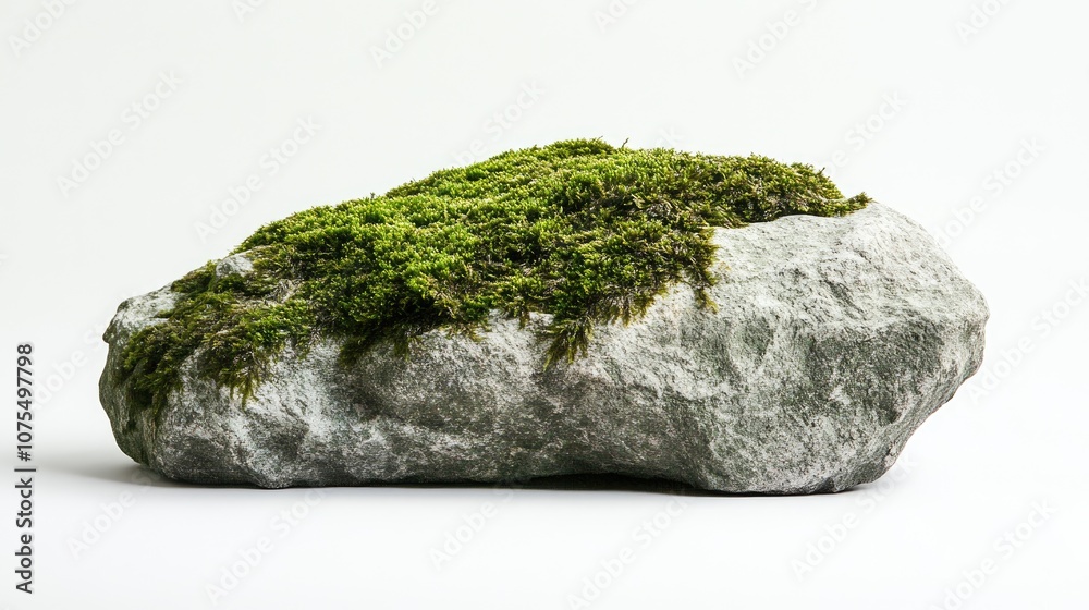 A substantial moss covered rock rests against a white backdrop A substantial moss covered rock rests against a white backdrop