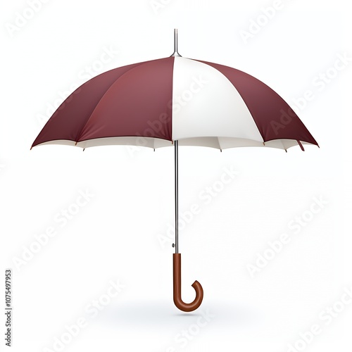 A red and white umbrella with a wooden handle, isolated on a white background.