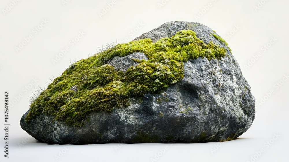 A substantial moss covered rock rests against a white backdrop A substantial moss covered rock rests against a white backdrop