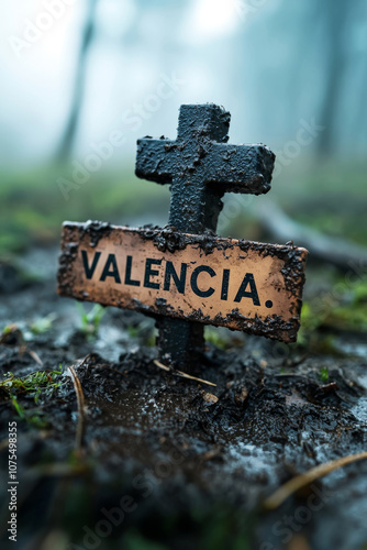 Valencia Flood Marker in Muddy Terrain.