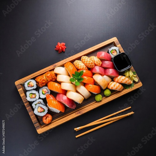 Assorted Premium Sushi Platter with Nigiri and Sashimi on Wooden Tray