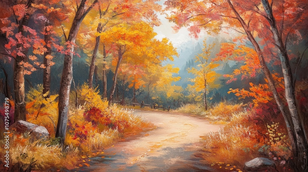 Autumn scenery featuring a forest path adorned with vibrant foliage showcasing the beauty of nature in a colorful landscape Autumn scenery featuring a forest path adorned with vibrant foliage showcasing the beauty of nature in a colorful landscape