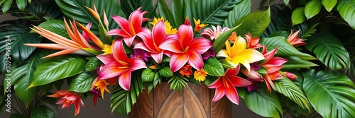 A lush arrangement of large exotic flowers and tropical leaves frames a stunning floral garland on a wooden pedestal, exotic flowers, botanical arrangement