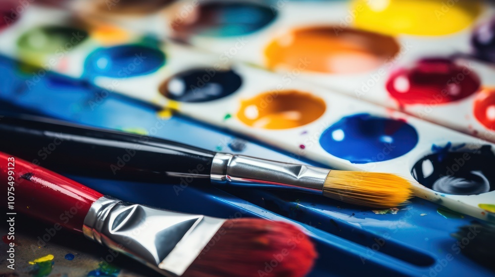 Obraz premium A palette of different watercolor paint with a brush on it.