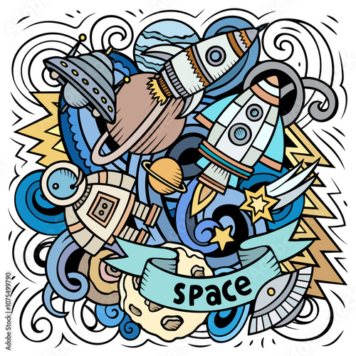 Space cartoon vector illustration. Detailed composition with lot of Cosmos objects and symbols