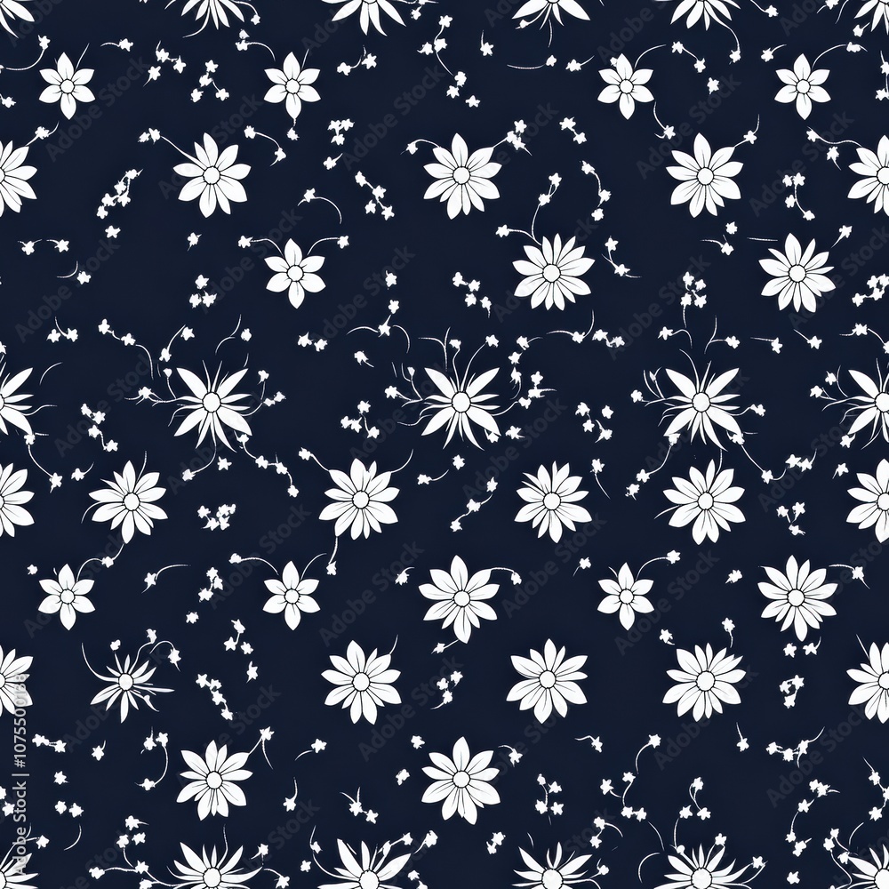 A seamless floral pattern featuring white flowers on a dark blue background, This design is ideal for textiles, wallpapers, or stationery, adding a touch of elegance and nature-inspired beauty, A seamless floral pattern featuring white flowers on a dark blue background, This design is ideal for textiles, wallpapers, or stationery, adding a touch of elegance and nature-inspired beauty,
