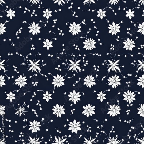 A seamless floral pattern featuring white flowers on a dark blue background, This design is ideal for textiles, wallpapers, or stationery, adding a touch of elegance and nature-inspired beauty,