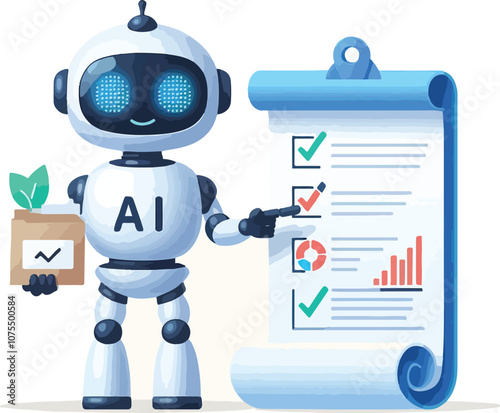 A robot with AI symbol holding data charts and documents points to a checklist on a scroll. Ideal for technology, artificial intelligence, data analysis, automation, and innovation. Simple vector art 