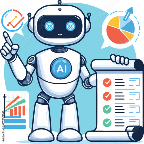 A robot with AI symbol holding data charts and documents points to a checklist on a scroll. Ideal for technology, artificial intelligence, data analysis, automation, and innovation. Simple vector art 