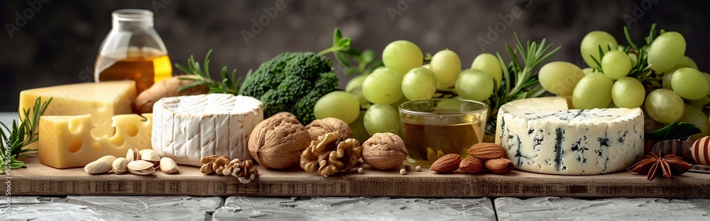 Assortment of cheeses displayed on cheese platter with grapes, nuts, knife, and spices on black  tiled background with copy space image