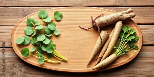 Sealwort and ginseng arrangement on a wooden board for Chinese herbal medicine, traditional chinese medicine, wooden board, botanicals photo