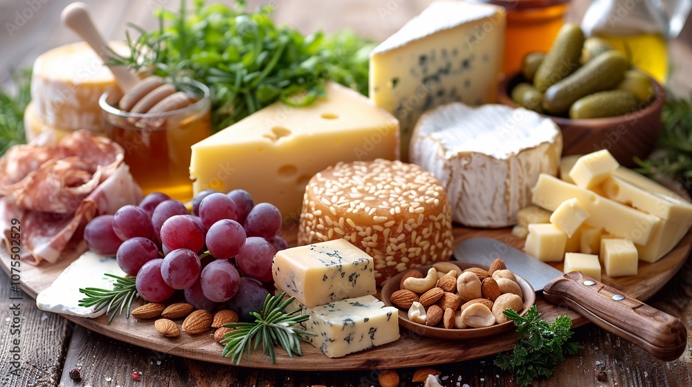 Assortment of cheeses displayed on cheese platter with grapes, nuts, knife, and spices on black tiled background with copy space image Assortment of cheeses displayed on cheese platter with grapes, nuts, knife, and spices on black tiled background with copy space image
