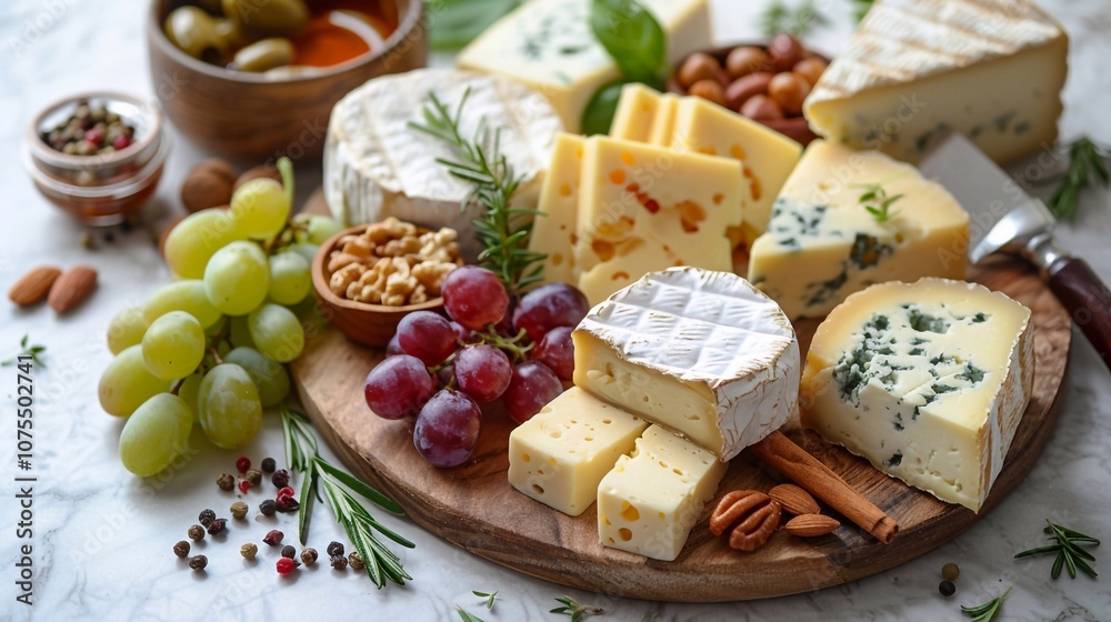 Assortment of cheeses displayed on cheese platter with grapes, nuts, knife, and spices on white tiled background with copy space image Assortment of cheeses displayed on cheese platter with grapes, nuts, knife, and spices on white tiled background with copy space image