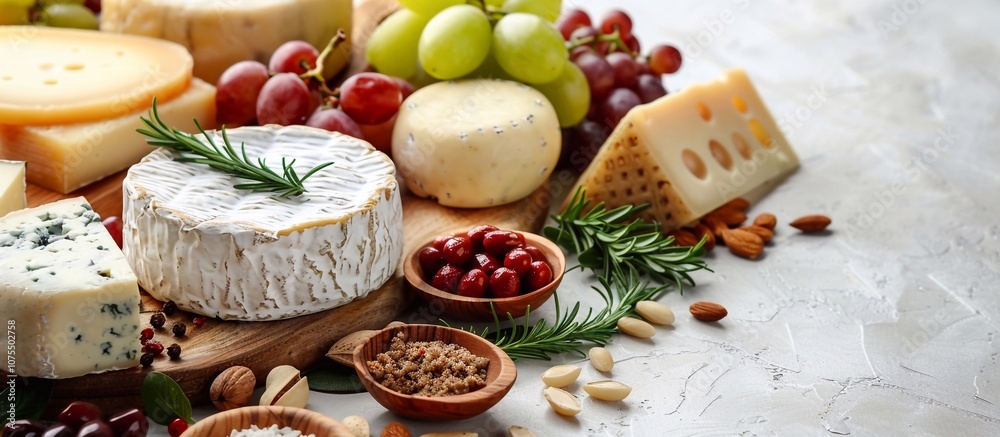 Assortment of cheeses displayed on cheese platter with grapes, nuts, knife, and spices on white tiled background with copy space image Assortment of cheeses displayed on cheese platter with grapes, nuts, knife, and spices on white tiled background with copy space image