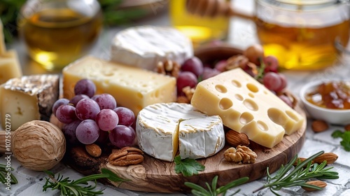 Assortment of cheeses displayed on cheese platter with grapes, nuts, knife, and spices on black  tiled background with copy space image