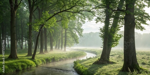 Misty morning in a dense green forest with towering trees and a winding stream, vegetation, fog, landscape