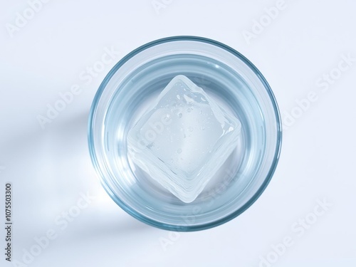 A single ice cube dropped into a glass of crystal clear water on a white surface, refreshing scene, icy interior