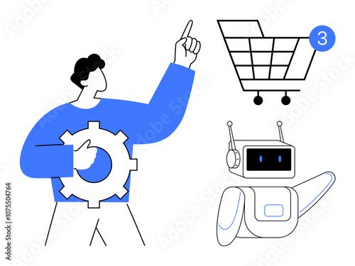 Person with gear points upward, nearby shopping cart has notification, chatbot mascot waves. Ideal for online shopping, digital interaction, customer support, AI integration, automation, e-commerce