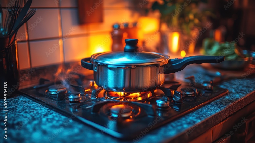 A pot on a gas stove with steam coming out of it. A pot on a gas stove with steam coming out of it.