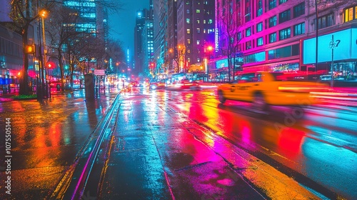 A vibrant street scene with neon lights, dynamic and modern, sense of urban energy and nightlife, colorful and captivating, city glow.