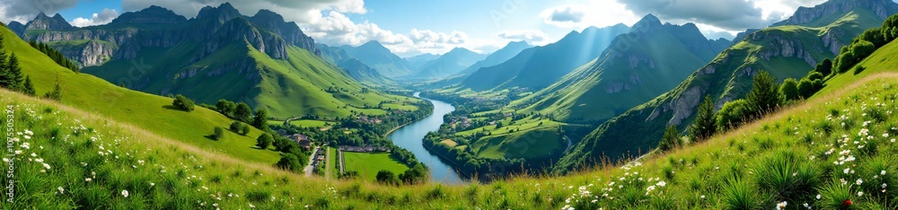 Fototapeta premium 360 degree photo, Lush Green Valley with River, A 360-degree image