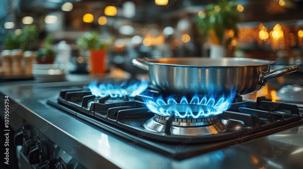 A pot sits on a gas burner in a commercial kitchen. A pot sits on a gas burner in a commercial kitchen.