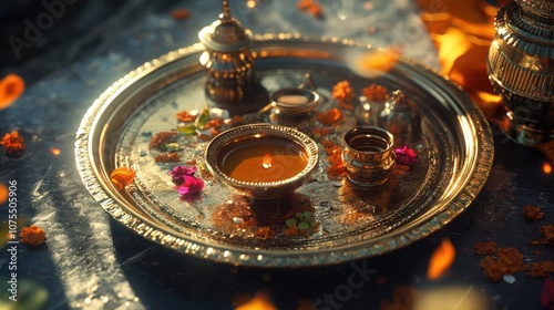 A golden tray with an oil lamp, a small pitcher, and a small bowl filled with what appears to be water. The tray is surrounded by flowers and petals and is set against a dark background. photo