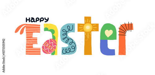 Happy Easter creative art drawing lettering. Paschal celebration inscription for greeting card. Springtime holiday colorful letters logo. Artwork typography with cute bunny ears and egg. Eps badge