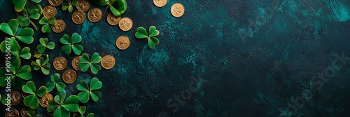 Clovers, gold coins, and a festive hat decorate this decorative green background