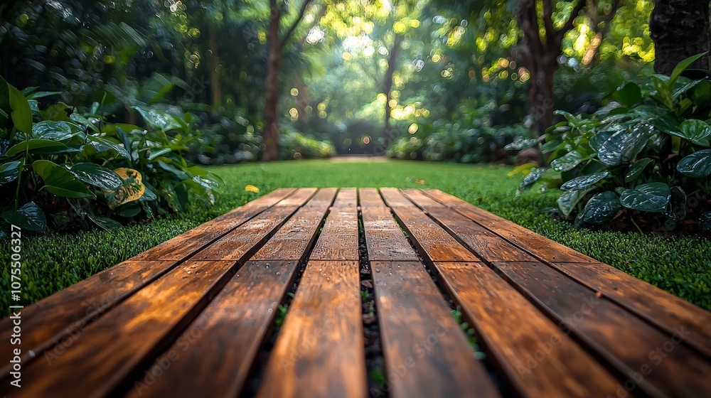 A serene wooden path through a lush green garden, inviting exploration and tranquility. A serene wooden path through a lush green garden, inviting exploration and tranquility.
