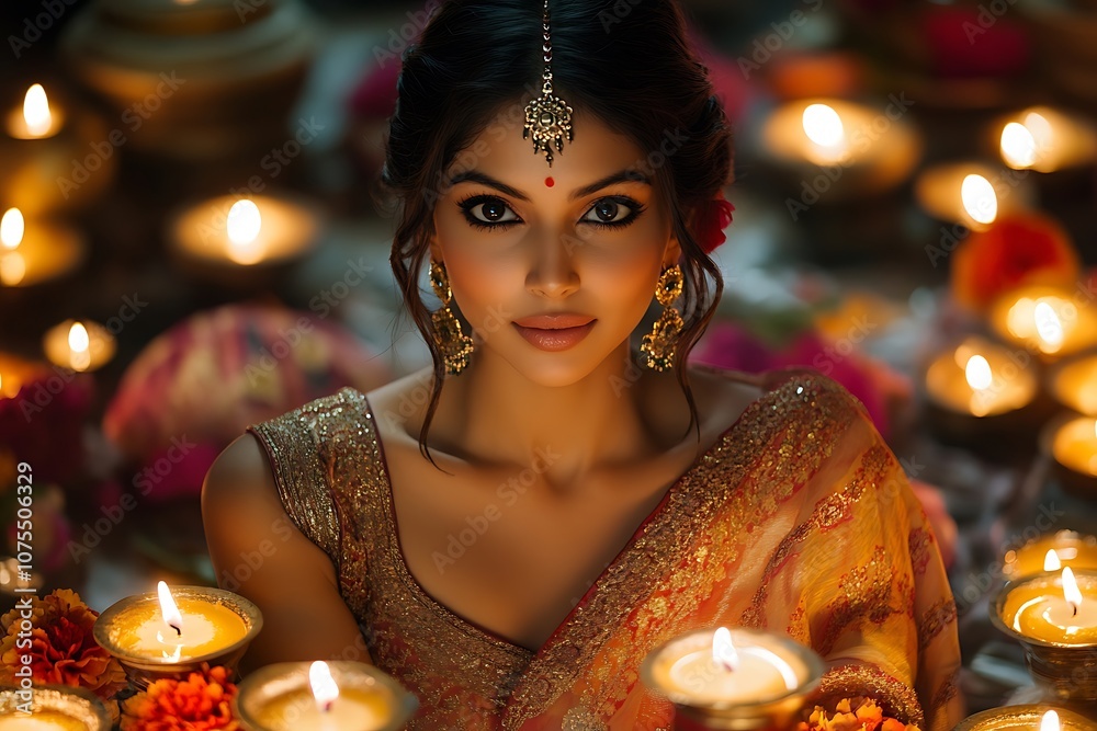 Woman in Golden Sari Surrounded by Candlelight1 Woman in Golden Sari Surrounded by Candlelight1