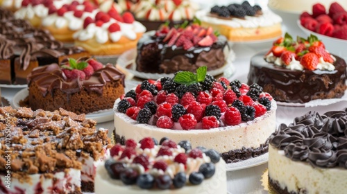 Display of delicious cakes decorated with fresh berries, chocolate, and cream, making a perfect selection for a celebration