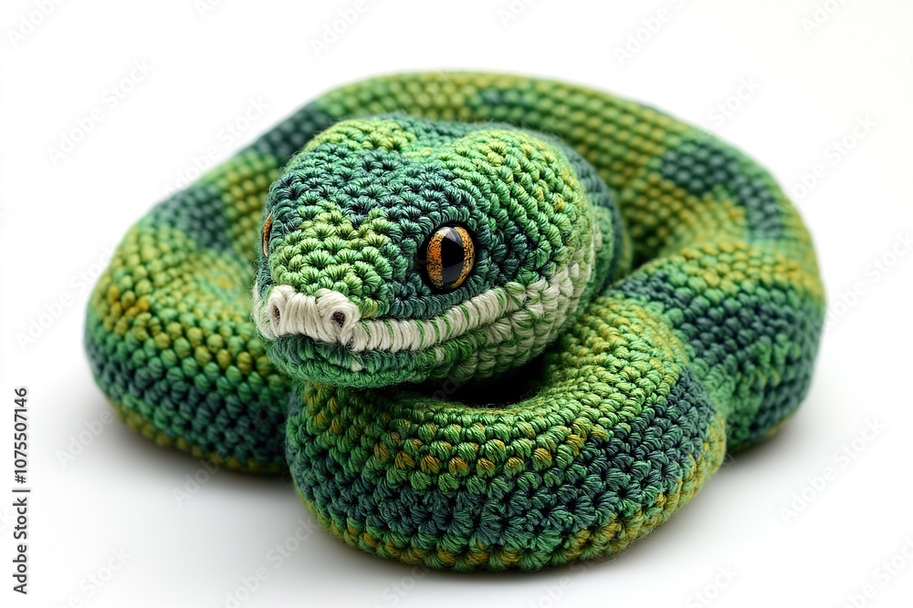 Fototapeta premium Knitted green christmas snake toy. New Year 2025