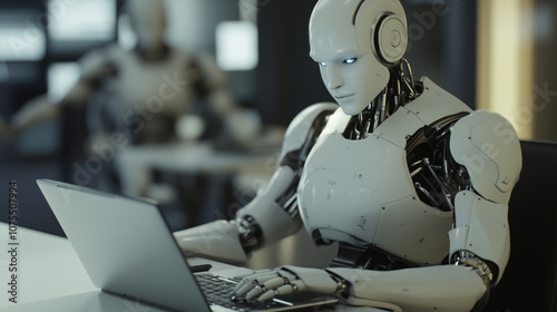 humanoid robot sits at an office desk, typing on the keyboard of its laptop computer