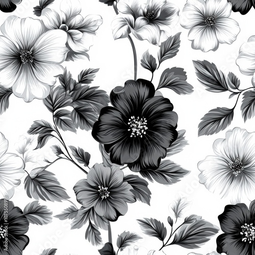 Wallpaper Mural A detailed black and white floral pattern featuring various flowers and foliage, perfect for use in textiles, wallpaper, or digital backgrounds to add elegance and a classic touch to designs, Torontodigital.ca