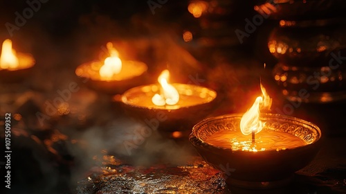 Close-up of flickering candle flames in ornate golden bowls, casting a warm glow in a dimly lit setting.