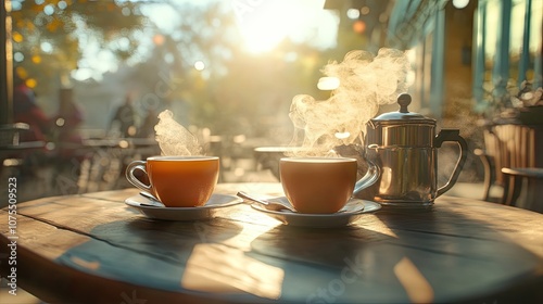Two steaming cups of coffee on a table at a cafe, ready for a relaxing morning.