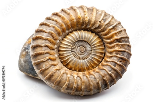 A detailed ammonite fossil on a white background, showcasing its layered spiral patterns and textured surface. Suitable for educational and geological uses.